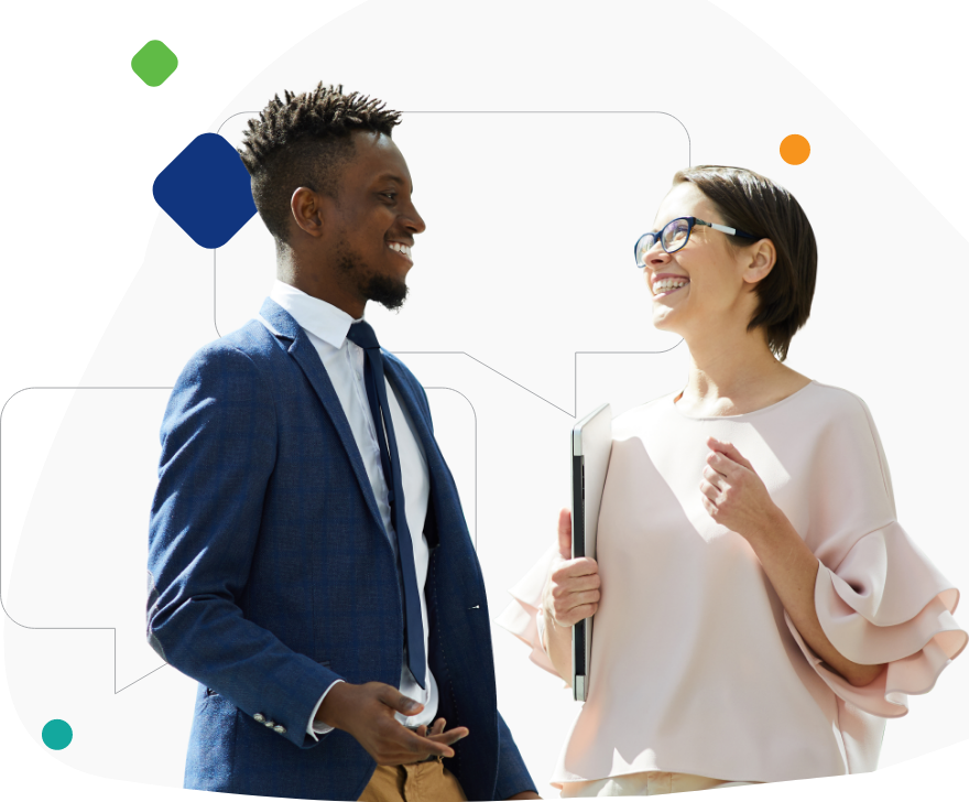 Team members walking and discussing business